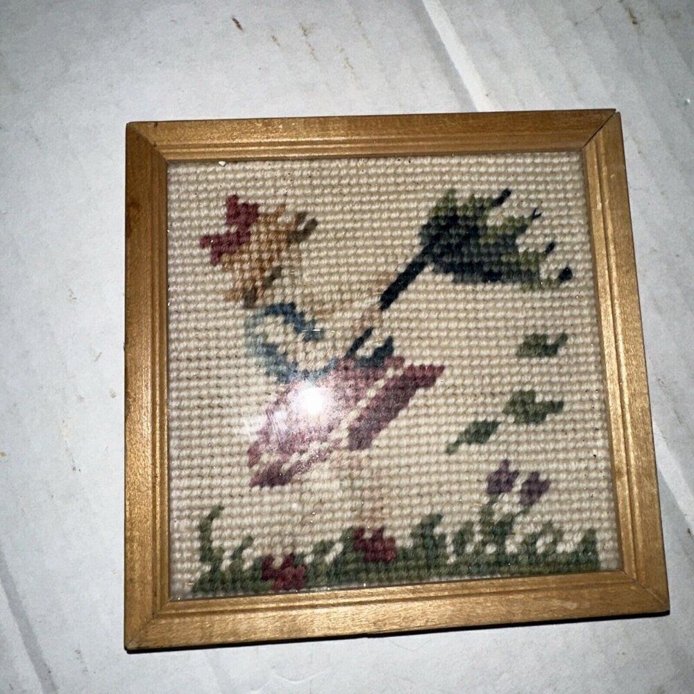 Framed Needlepoint Flower Picture Cottage Core Granny Handmade Vintage 7x7 MCM